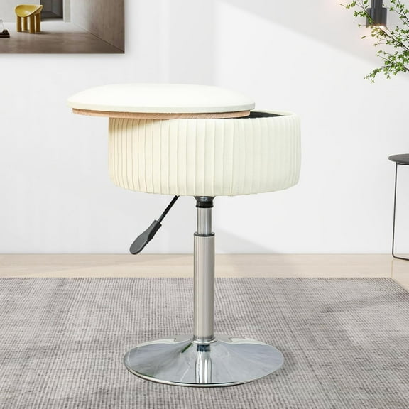 Velvet Vanity Stool, Vanity Chair for Makeup Room Round Storage Ottoman for Living Room Height Adjustable 360°Swivel Foot Stools, Beige