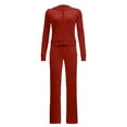 thumbnail image 6 of felwors Women's Velvet Two Piece Tracksuit - Long Sleeve Zip Up Hooded Jacket & Wide Leg Pants Set with Pockets, Y2K Loungewear for Everyday Brick Red, XS, 6 of 6