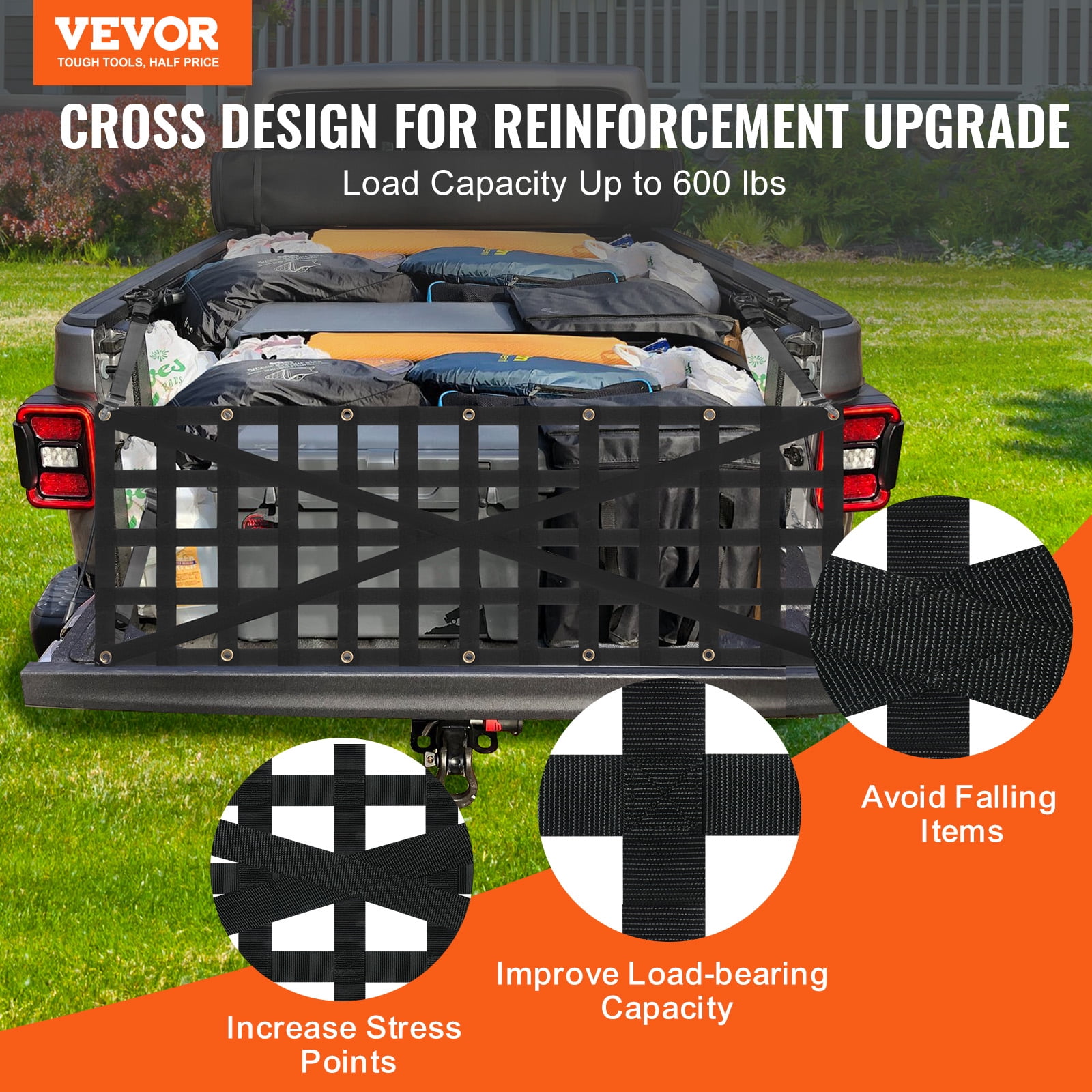 VEVOR Tailgate Net, 54 in x 18 in, Heavy Duty Cargo Net for Truck Bed with 4 Adjustable Telescopic Straps, Cross-reinforced Design, Extendable & Durable, Suitable for Pickup, Truck, Trailer, Jeep,SUV