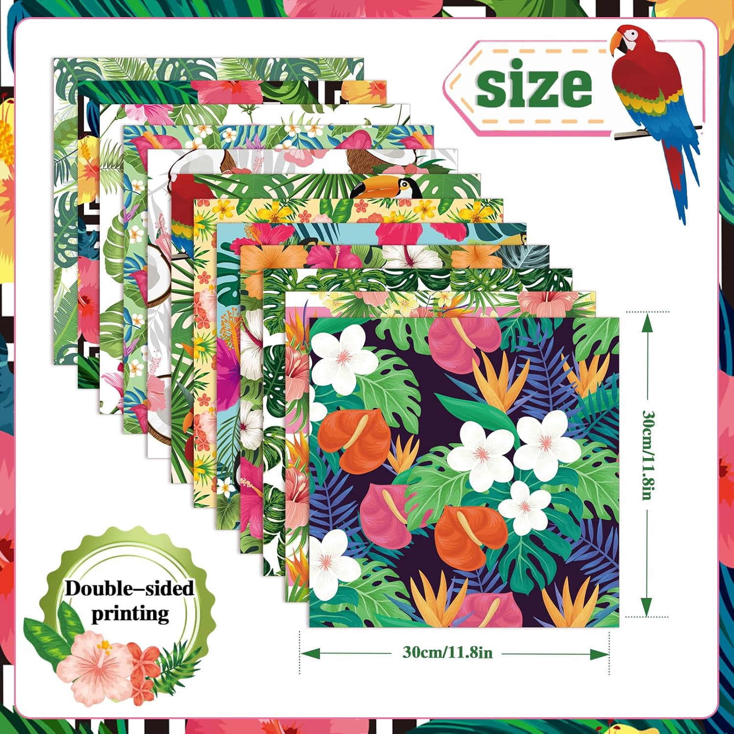 24 Sheets Summer Scrapbook Paper 11.8x11.8, Double Sided Hawaii Patterned Paper Tropical Decorative Cardstock Pad Palm Leaf Origami Papers for Card Making Scrapbook Supplies