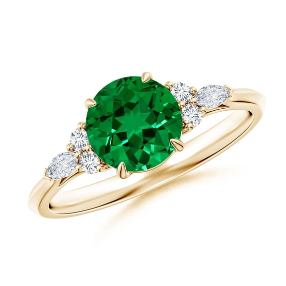 ANGARA Lab Grown 1.2 Ct Round Emerald Side Stone Engagement Ring with Diamonds for Women in 14K Yellow Gold (Size-7mm) | May Birthstone, Anniversary, Jewelry Gift for Women | Lab-Grown Emerald Ring