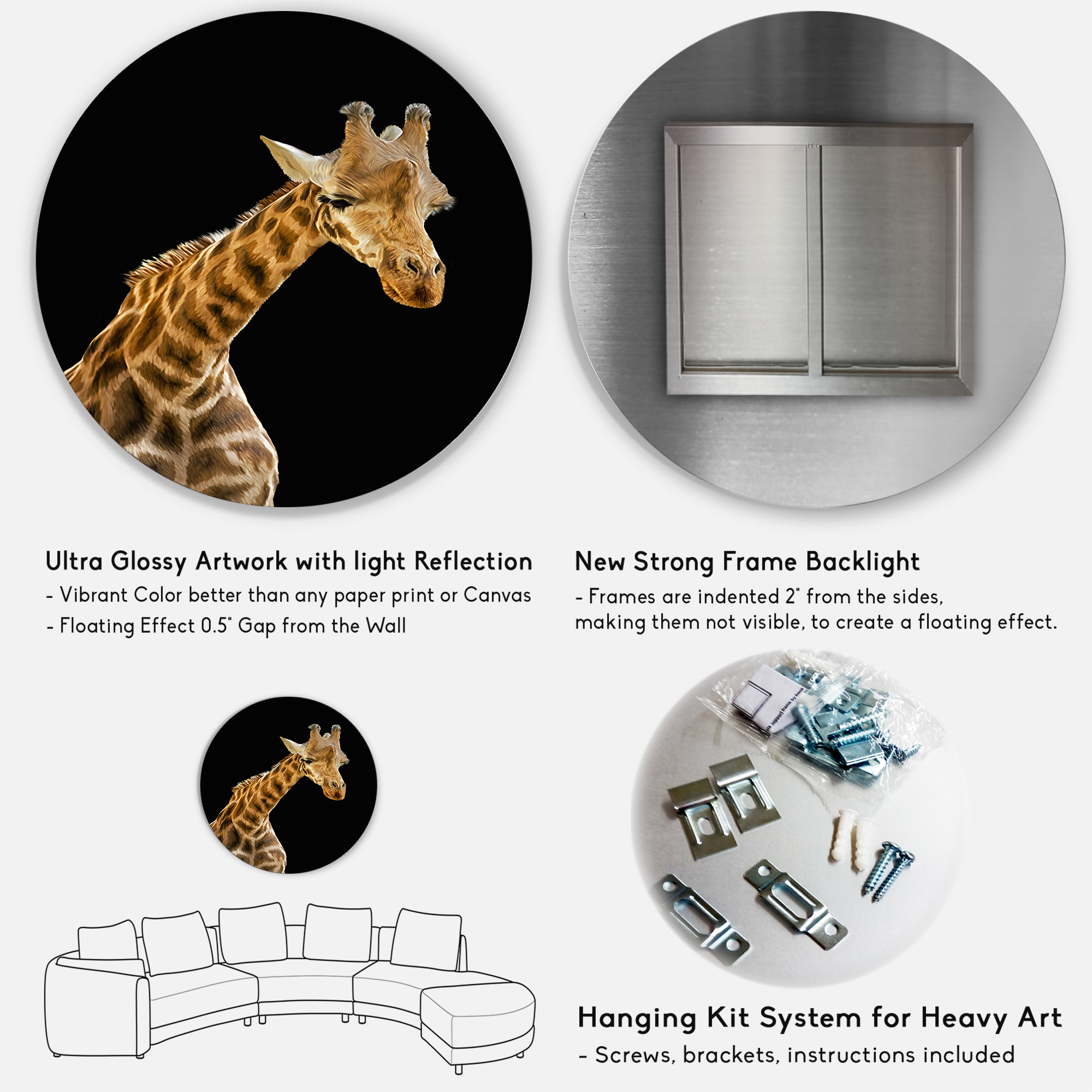 Designart 'Portrait of A Giraffe On Black Background II' Farmhouse Circle Metal Wall Art 23x23 - Disc of 23