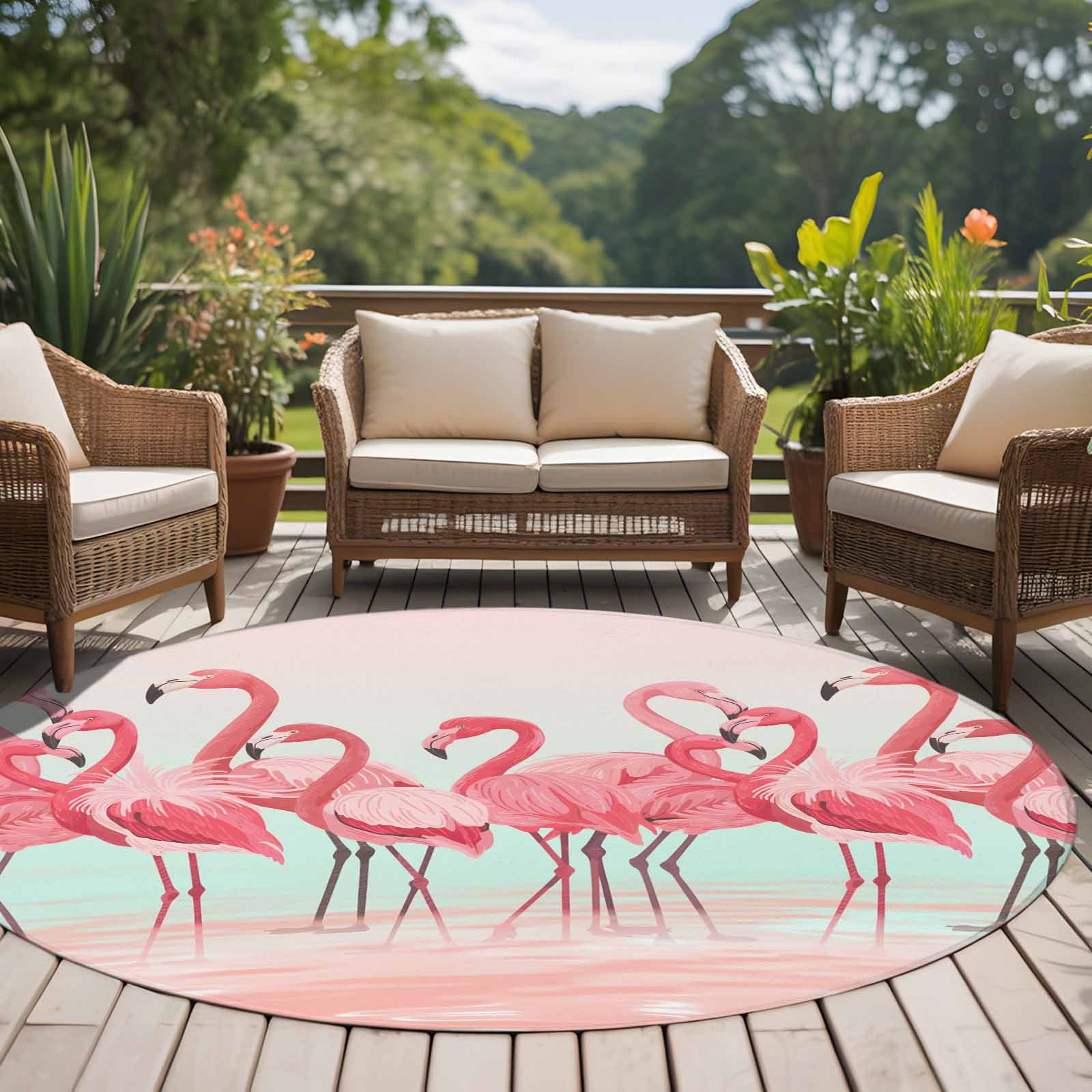 Pink Flamingo Round Rugs 7ft, Summer Tropical Flamingo Hawaii Animals Non Slip Washable Rug Runner, Low Pile Indoor Floor Carpet Mat Bathroom Rugs for Living Room, Bedroom, Kids Room