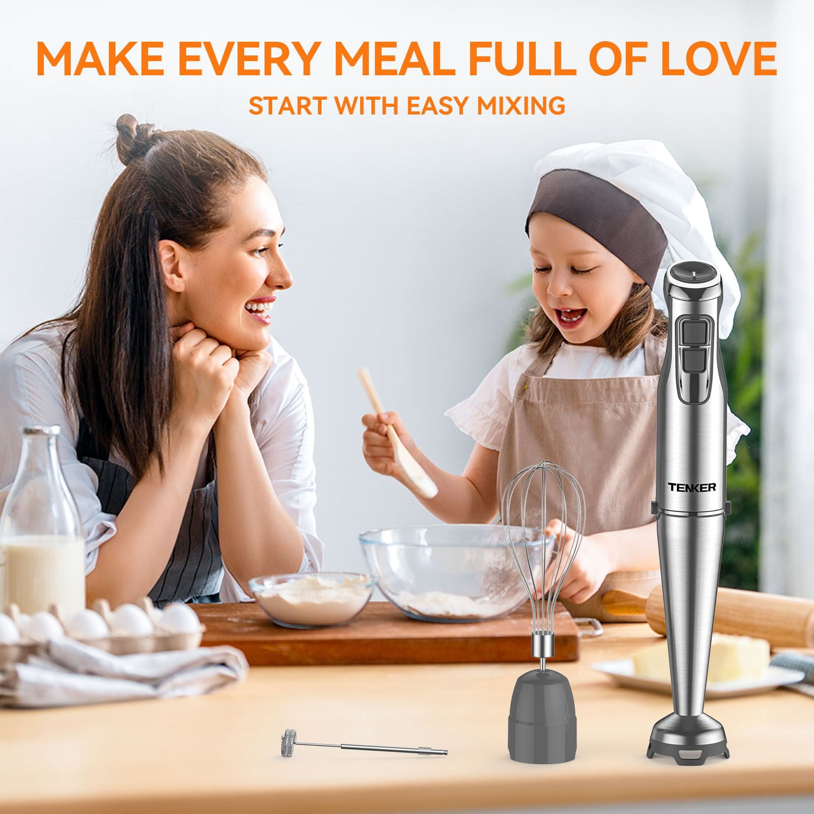 5-in-1 Immersion Hand Blender 1100W - 12 Speed + Turbo Stainless Steel Stick Blender with 600ml Beaker 500ml Chopper Whisk Milk Frother BPA-Free for Kitchen