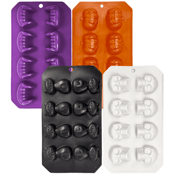 Halloween Silicone Candy & Ice Cube Molds, 4 Pack, Flexible Trays for Chocolate, Ice, Soap & More – 8.5" Long