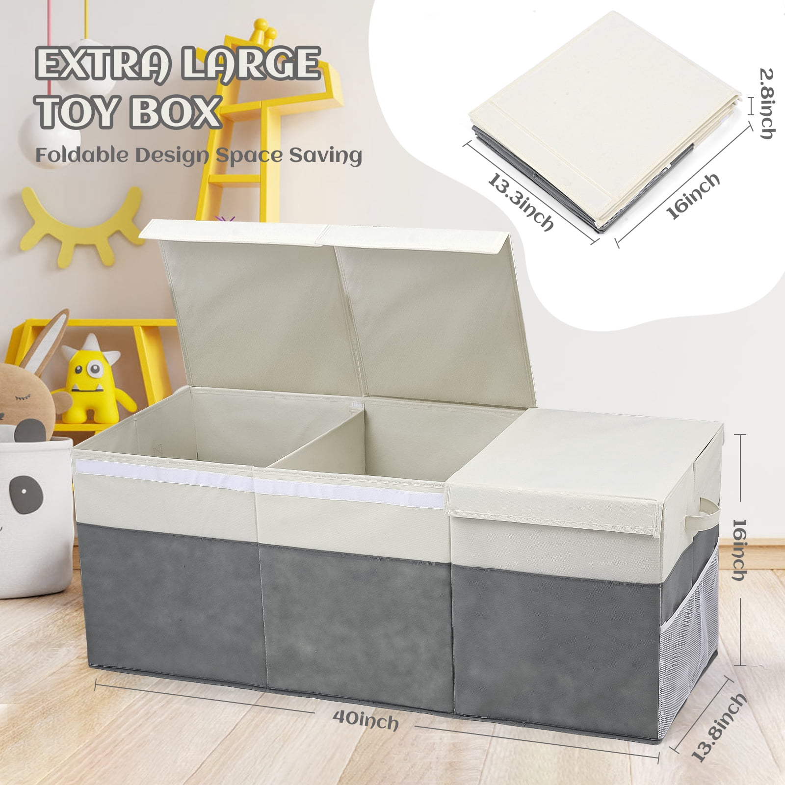FIIOEOY Extra Large Collapsible Toy Storage Box with Lid, Divider & Mesh Pockets, 40”x14”x16”, White & Gray