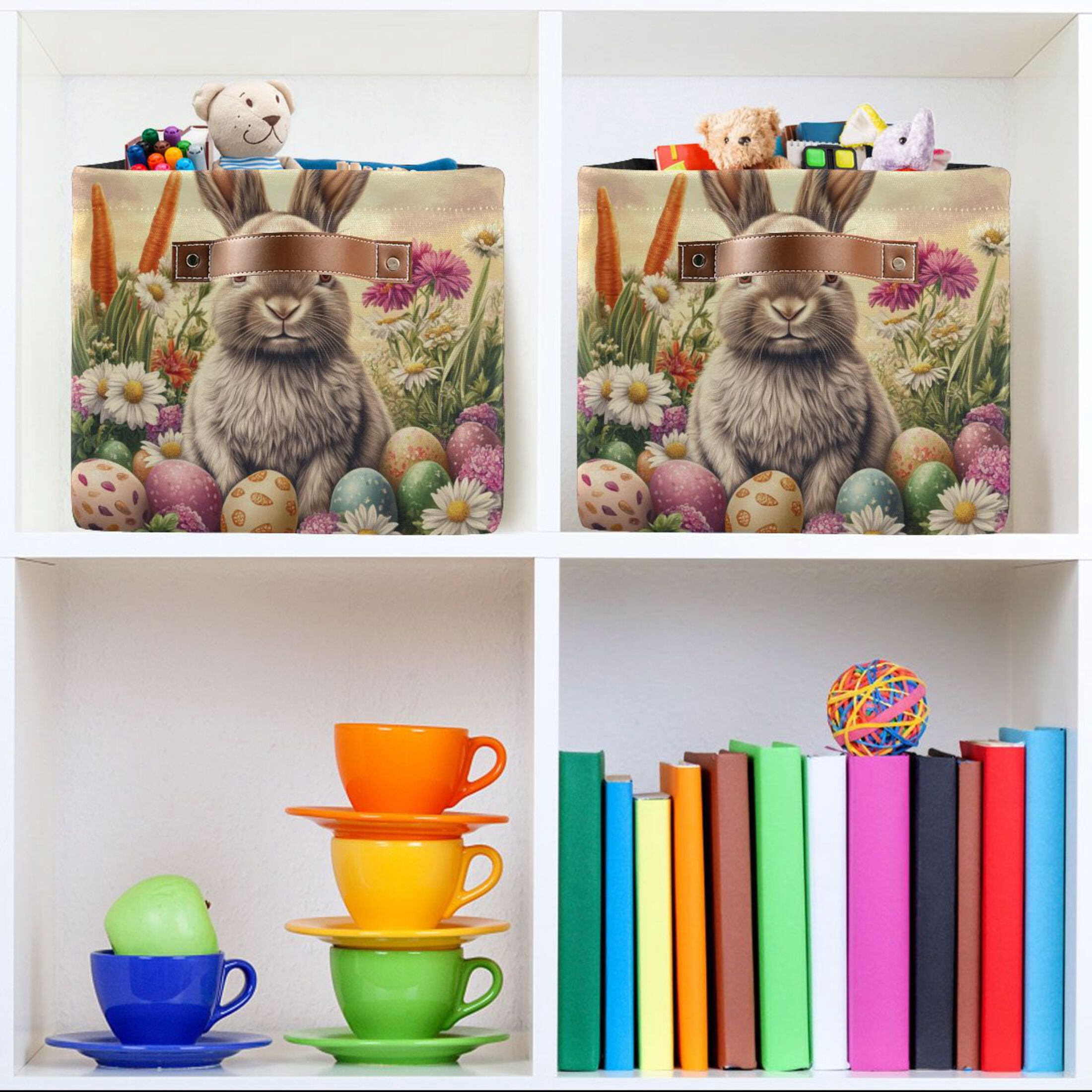 WOBOGO Lovely Easter Bunny Square Storage Basket with Waterproof Canvas and PE Lining Durable PU Leather Handles 14.2×10.2×8.3in