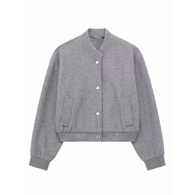 Females Solid Color Jacket Spring Casual Cropped Jackets Long Sleeve Zip Up Jacket Coat Outwear Grey S