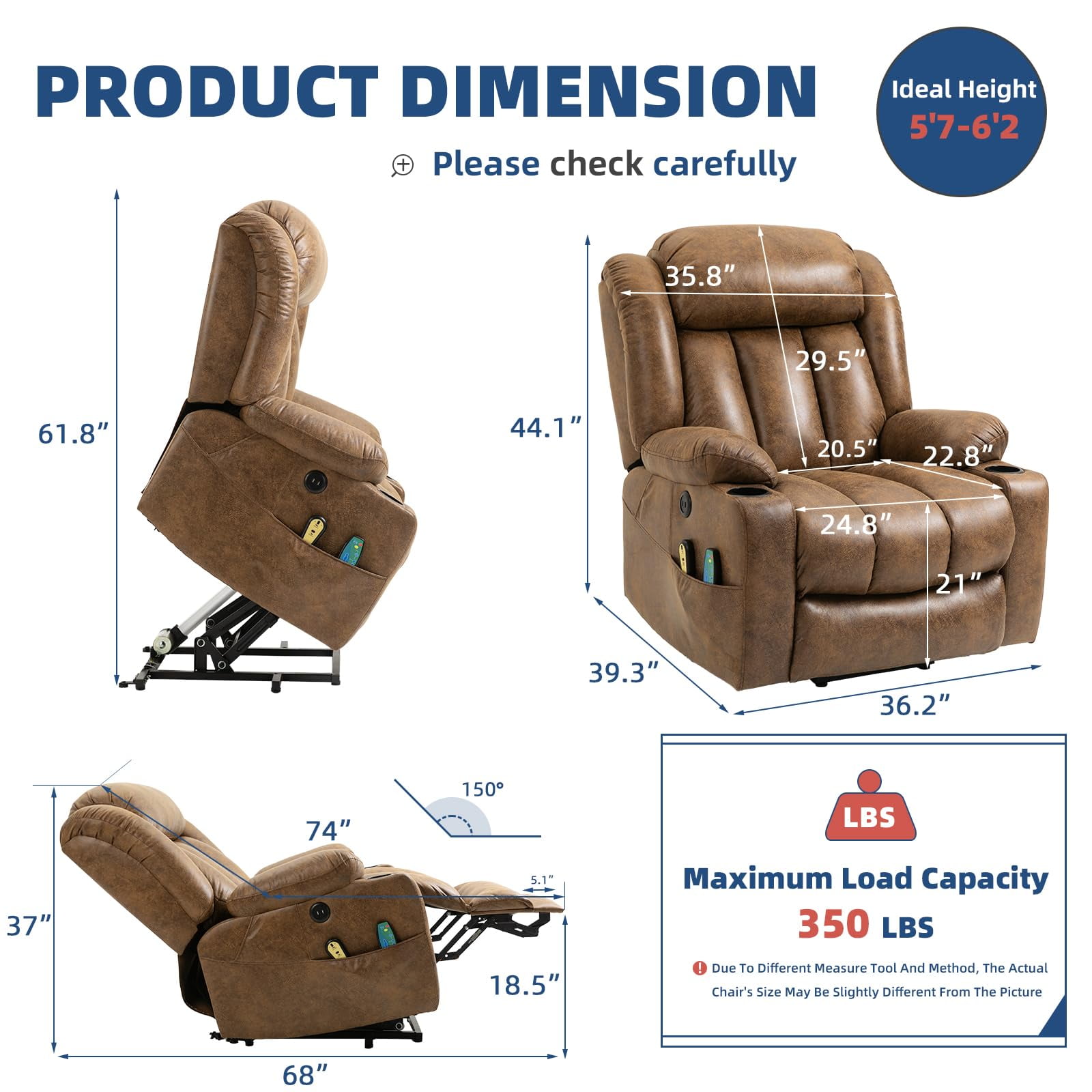 SOCIALCOMFY Large Electric Power Lift Recliner Chair with Extended Footrest for Elderly Big Man, Overstuffed Wide Massage Lounge Chairs with Heat, 2 Cup Holders, Side Pockets & USB Ports, Brown