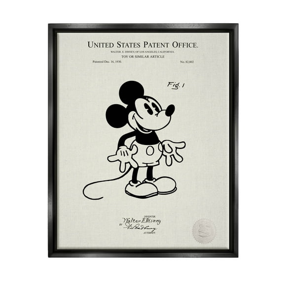 Stupell Industries Vintage Cartoon Character Patent Graphic Art Jet Black Floating Framed Canvas Print Wall Art, Design by Karl Hronek