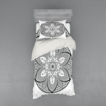 Ambesonne Ethnic Bedding Set 3 Pcs, Mandala Design Leaves Dots, Twin, Black and White