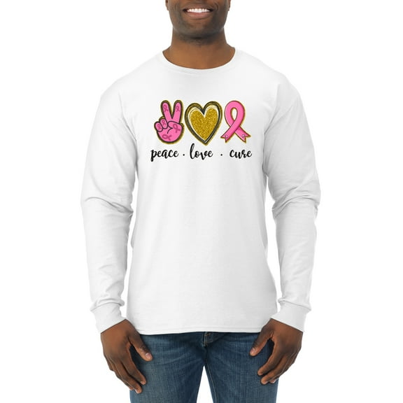 Peace Love Breast Cancer Awareness Breast Cancer Awareness Mens Long Sleeve Shirt, White, Medium