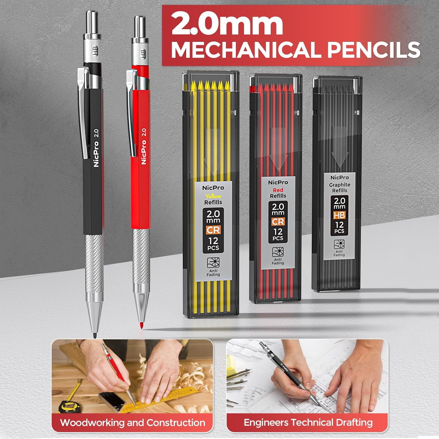 Nicpro 24 Pack Carpenter Pencil Set with Sharpener, Mechanical Carpenter Pencils with 79 Refills, Deep Hole Marker, Carbide Scribe Tool, Heavy Duty Construction Pencil for Architect Woodworking