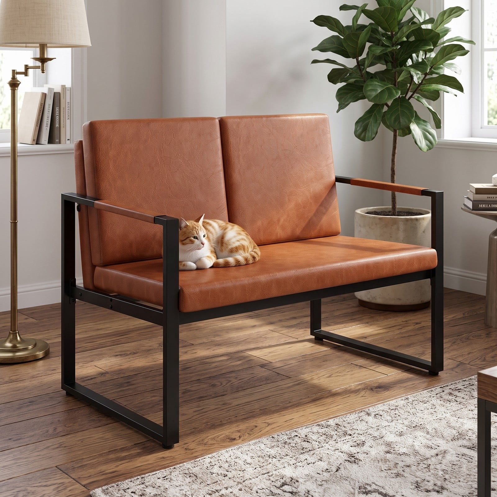 Furnibear Modern Loveseat Sofa 2 Seater Small Couch, Faux PU Leather Upholstered Love Seat with Sturdy Metal Frame and Removable Back Pillows for Apartment, Brown