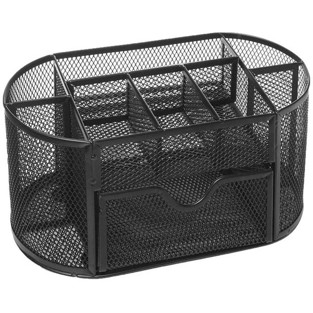 Innovative Multi-functional Stationery Caddy, Mesh Oval Pencil Holder with Smoothly Drawer Design and No Assembly Required, Sturdy Mesh Metal Construction for Office and Home (Black)