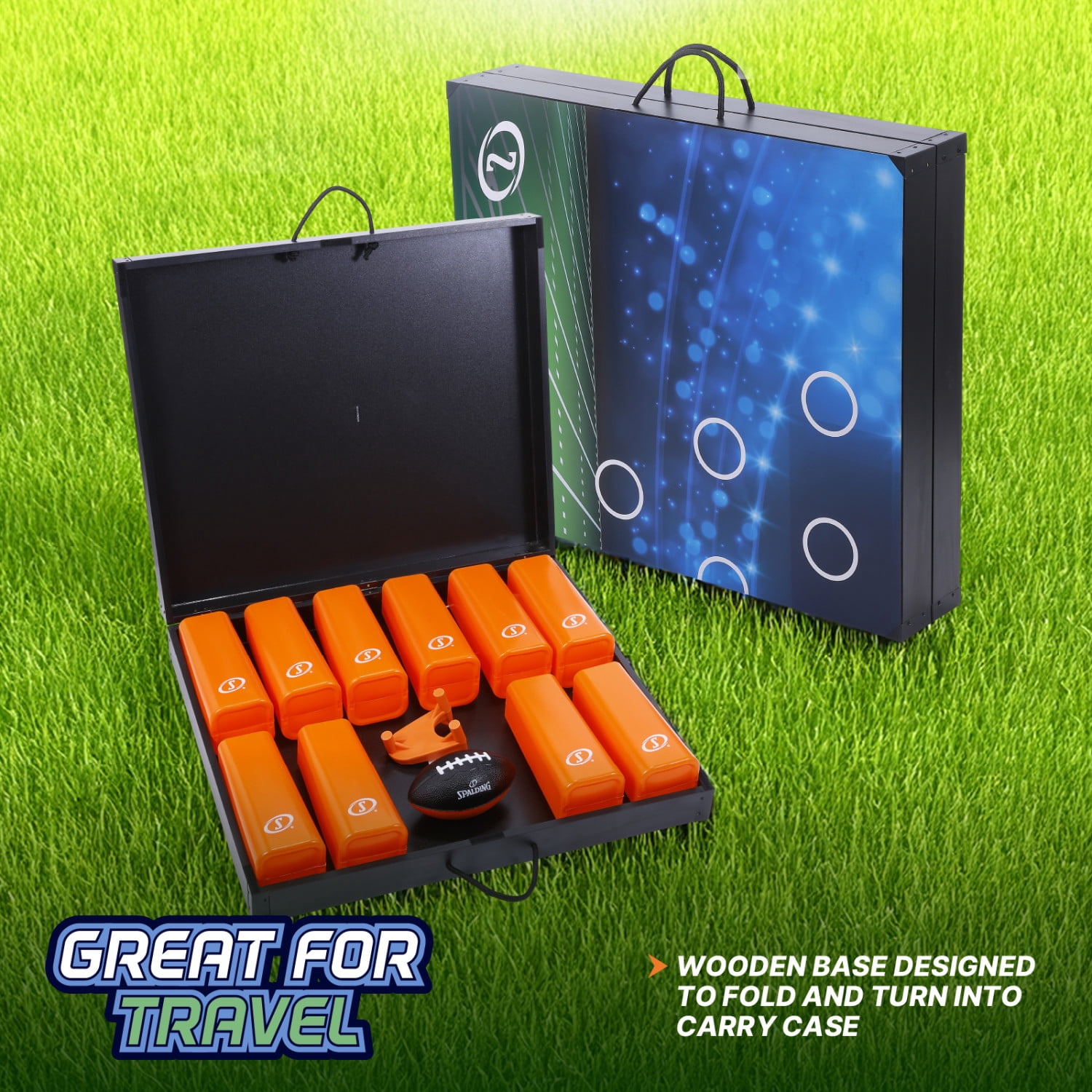 Spalding Football Pylon Toss Game, Easy-Grip Foam Football with Wooden Base & 10 Pins, Fun Backyard Target Challenge Set for All Ages, Great for Lawn, Beach, or Tailgate Play