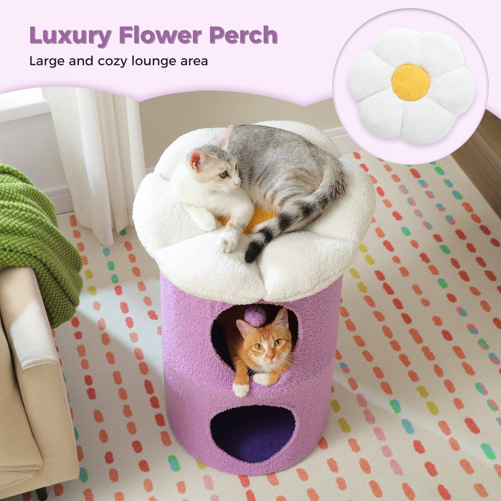 Pefilos 28" 2-Level Cat House Condo with Tree, 2 Cave Bed & Removable Flower Cat Cushion, Purple