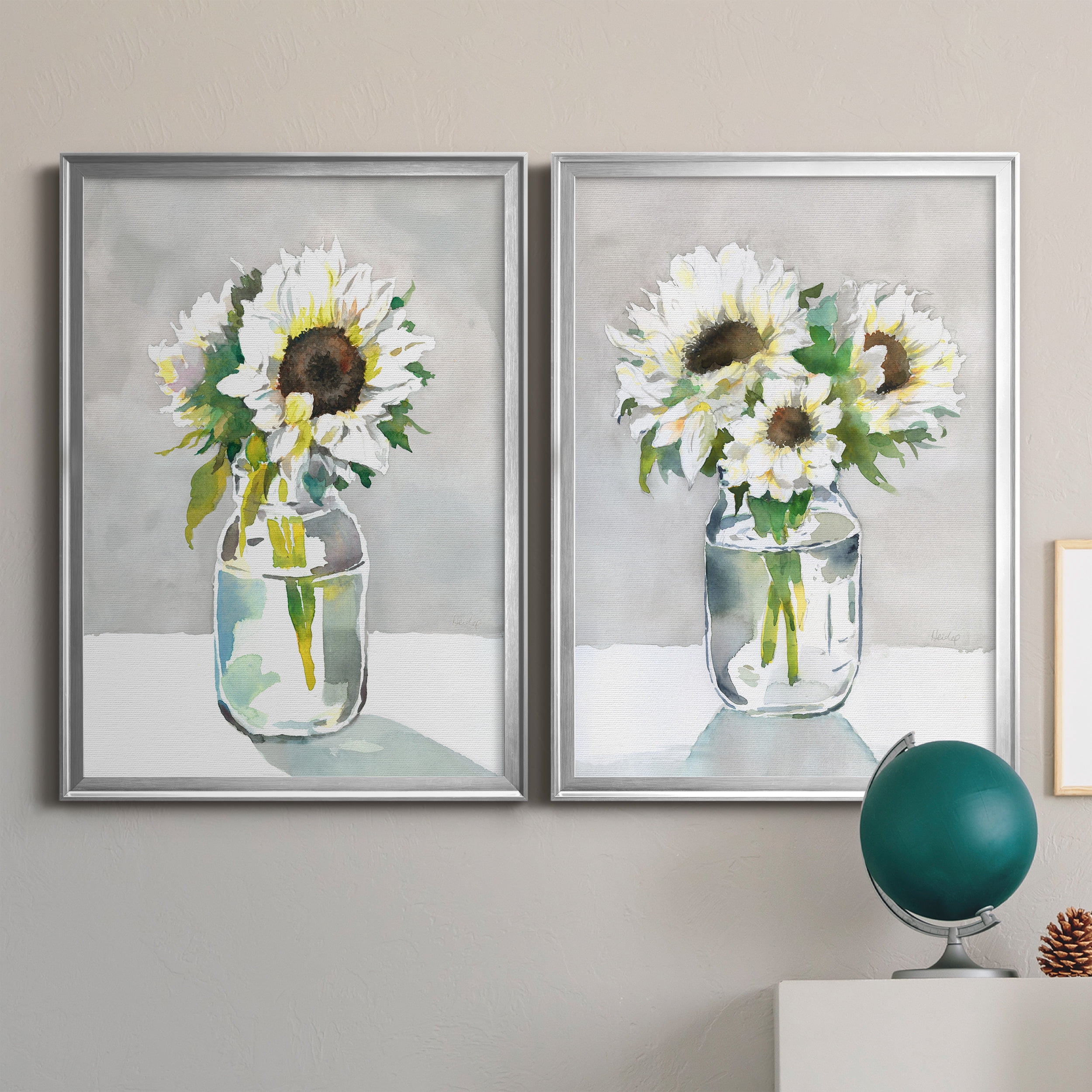 2 Piece Set Sunflower I Premium Framed Canvas - Ready to Hang - 26.5 x 36.5 Each - Silver Frame
