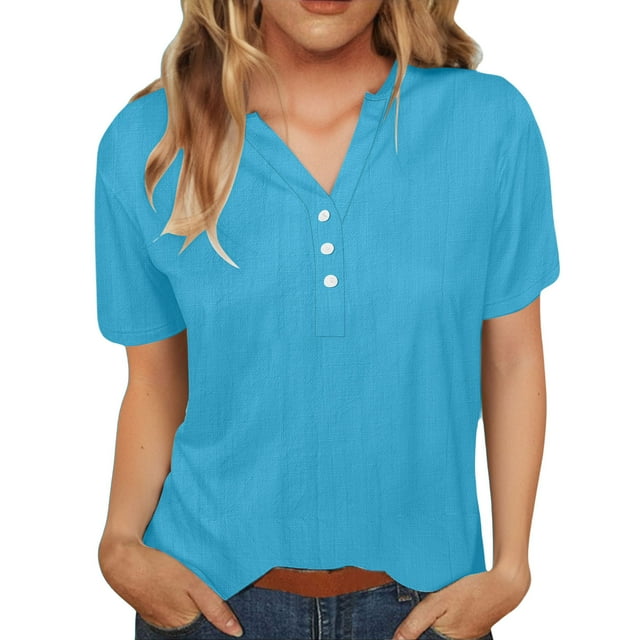 Hauts d'Été pour Femmes Manches 3/4 Col en V Boutons Chemises Couleur Unie Tunique Décontractée Habillée Blouses