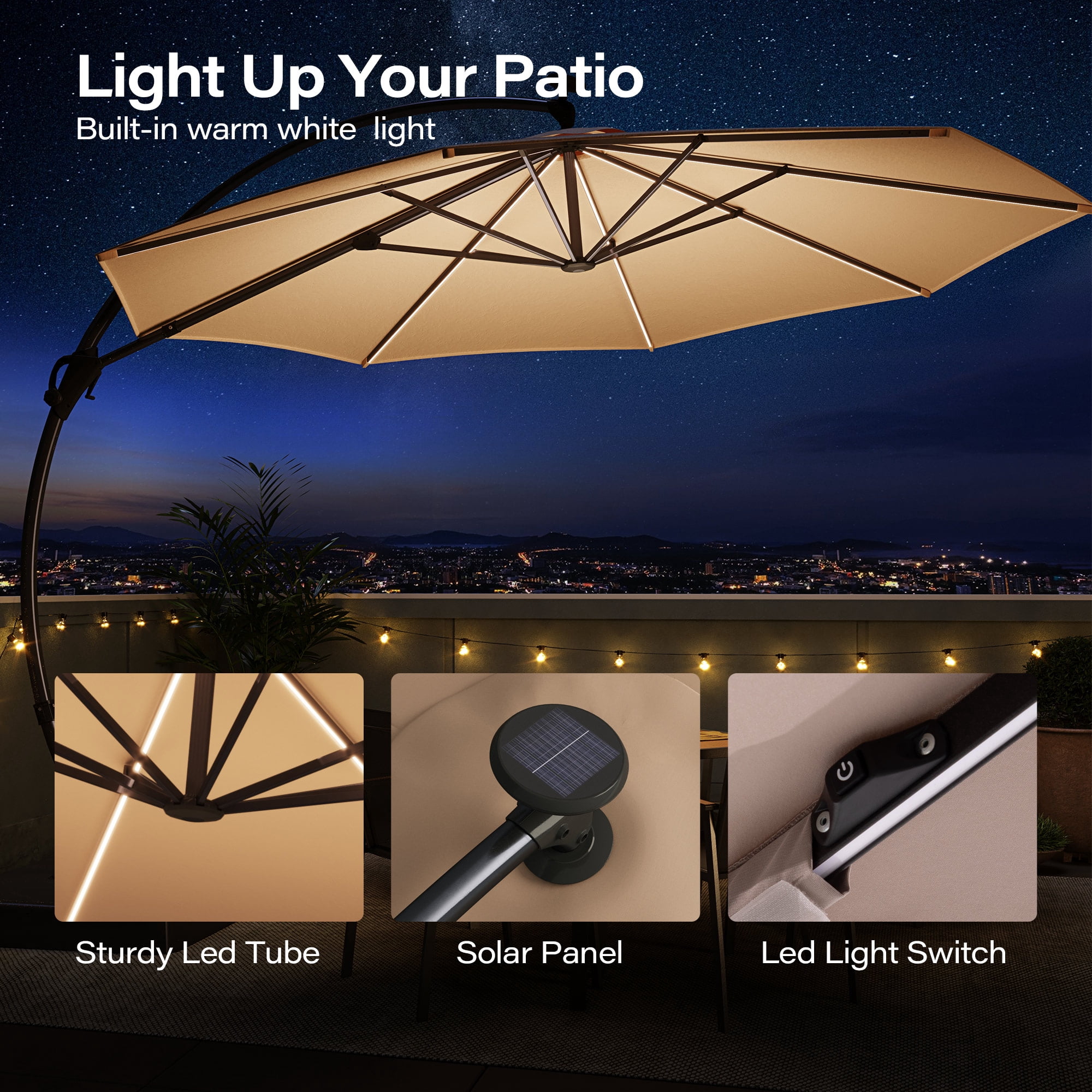 KAMEROUT 11 FT Outdoor Curvy Cantilever Umbrella with Solar LED Lights, Heavy Duty Windproof Offset Patio Umbrellas with 360° Rotation for Market, Pool, Garden, Backyard, Champagne