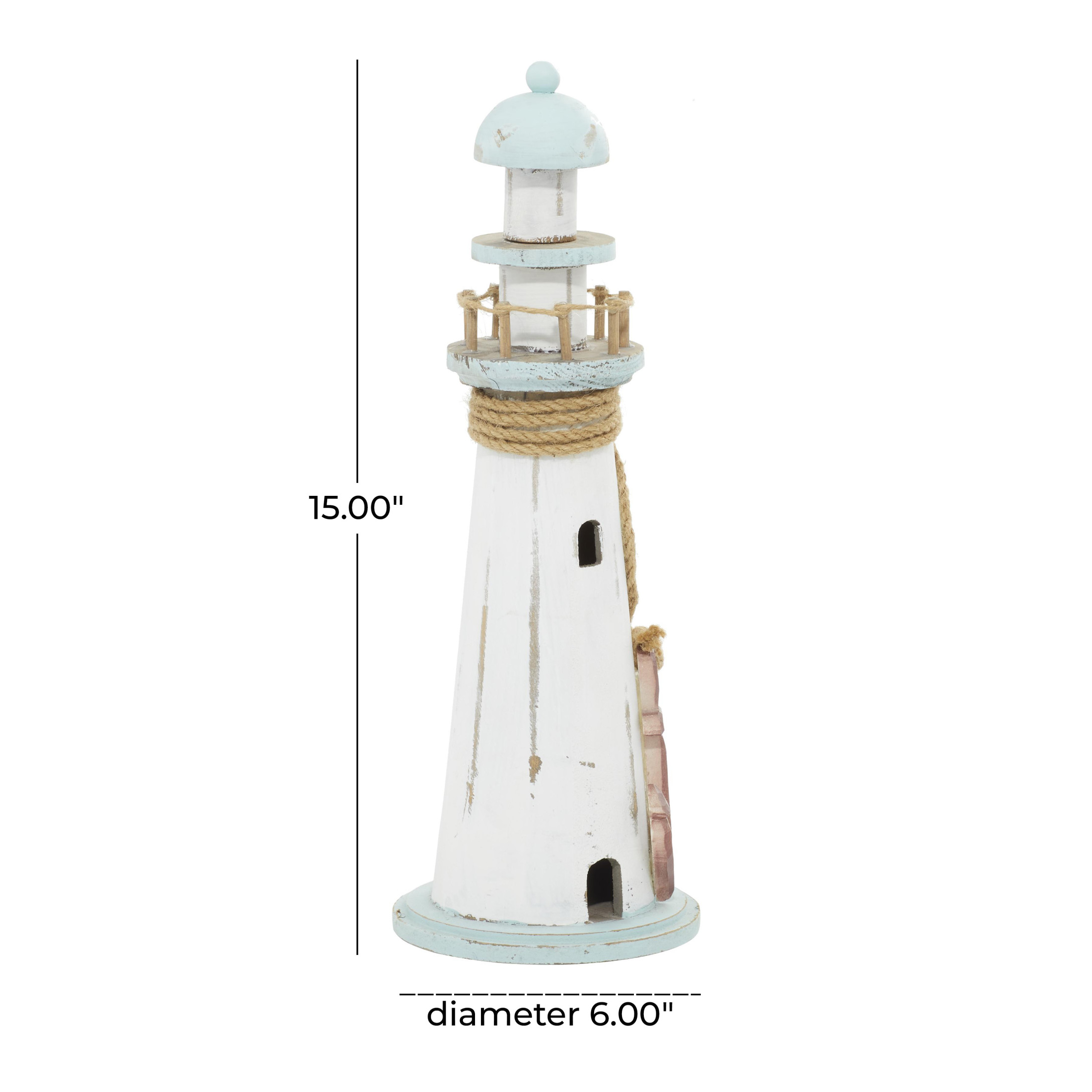 DecMode 6" x 15" White Wood Light House Sculpture