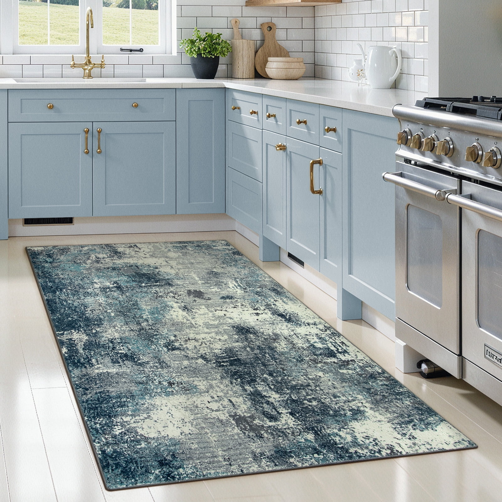 RUG ROBOT 3'x5' Area Rugs for Entryway, Non-Slip Washable Throw Rug, Indoor Soft Modern Abstract Distressed Doormat, Small Rug for Bedroom, Kitchen, Terrace, Balcony, Blue/Gray