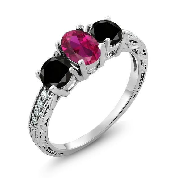 Gem Stone King 2.07 Ct Oval Red Created Ruby Black Diamond 925 Sterling Silver Moissanite Ring (Size 8)