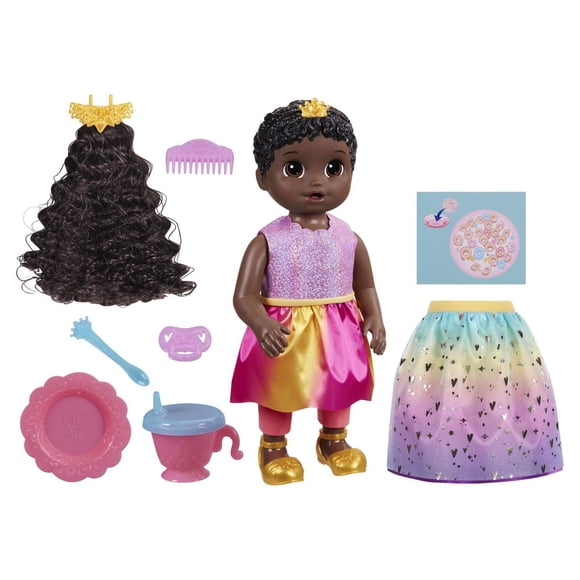 Baby Alive Poupée Princesse Ellie grandit !, poupée de 45 cm qui parle et grandit, cheveux noirs, 9 accessoires, pour enfants, dès 3 ans