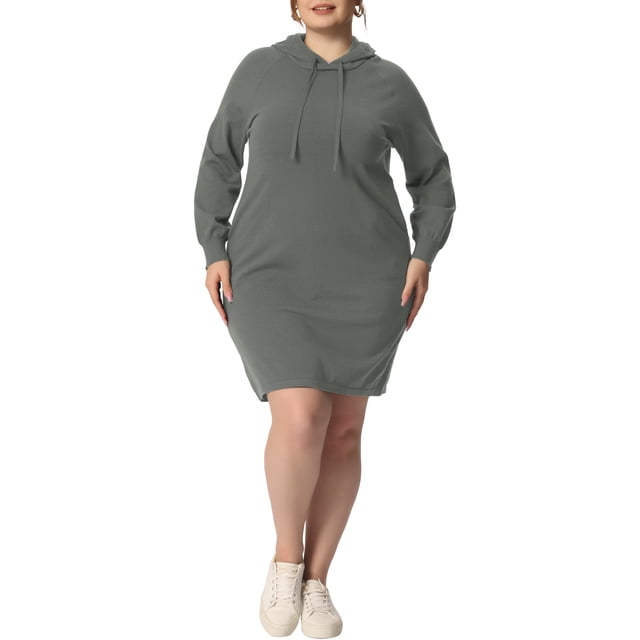 GRACE & GRANDEUR Women's Plus Size Rib Knit Pullover Sweater Long Sleeve Hooded Bodycon Dress Gray 2X
