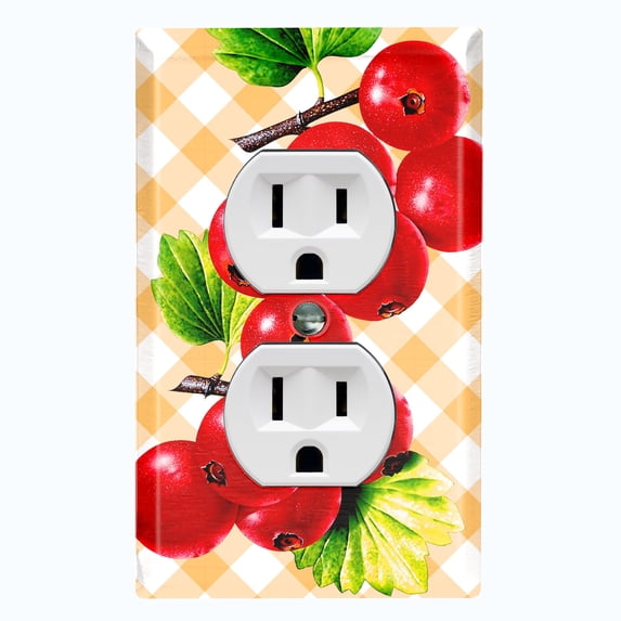 Metal Light Switch Plate Cover Gingham Cranberry Fruit Leaf Picnic Yellow FUT003