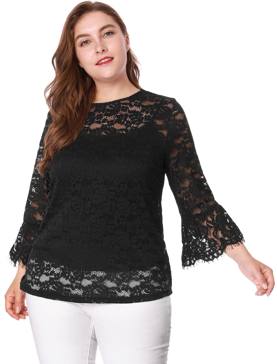 women's plus size black lace tops