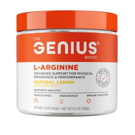 Genius L-Arginine Nitric Oxide Powder - Fermented L- Arginine Nutritional Supplements & Nitric Oxide Booster - Pre Workout, Natural Muscle Builder - 30 Servings, Lemon