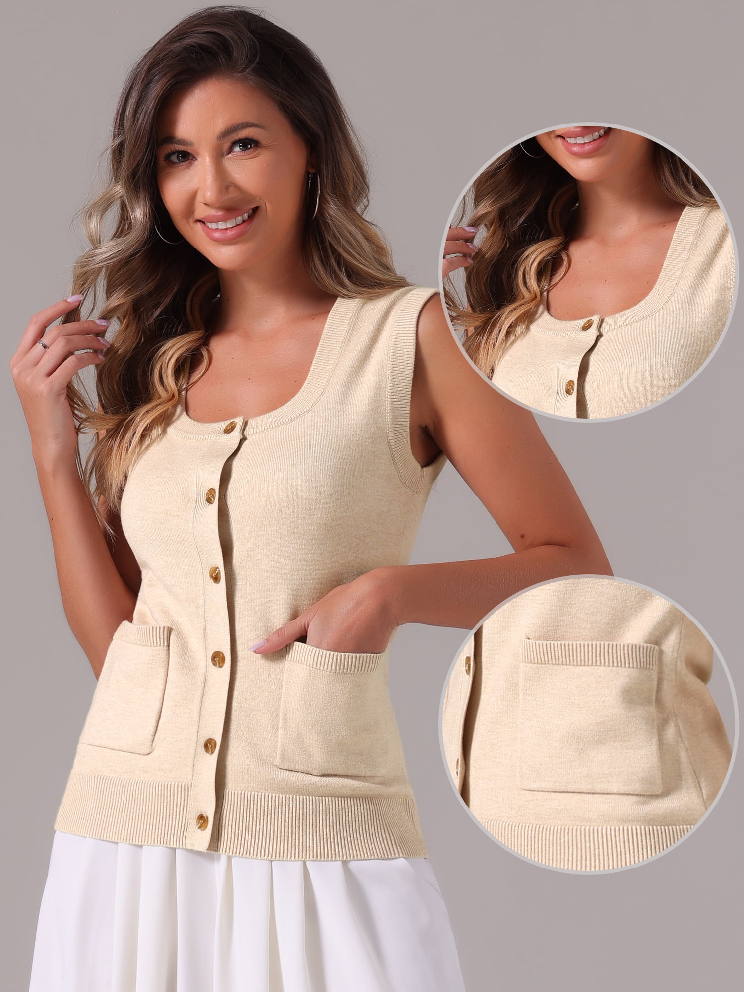 DARING DIVA Women's Sweater Vest Button Ribbed Knitted Tank Top XS Apricot