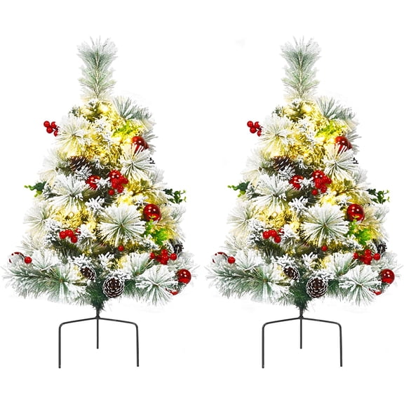 GOFLAME Set of 2 29" Pre-Lit Pathway Christmas Tree, Snow Flocked Urn Filler with 30 LED Lights, Pine Cones, Red Berries Decoration, 8 Flash Modes Pine Tree, Perfect for Outdoor Christmas Decoration