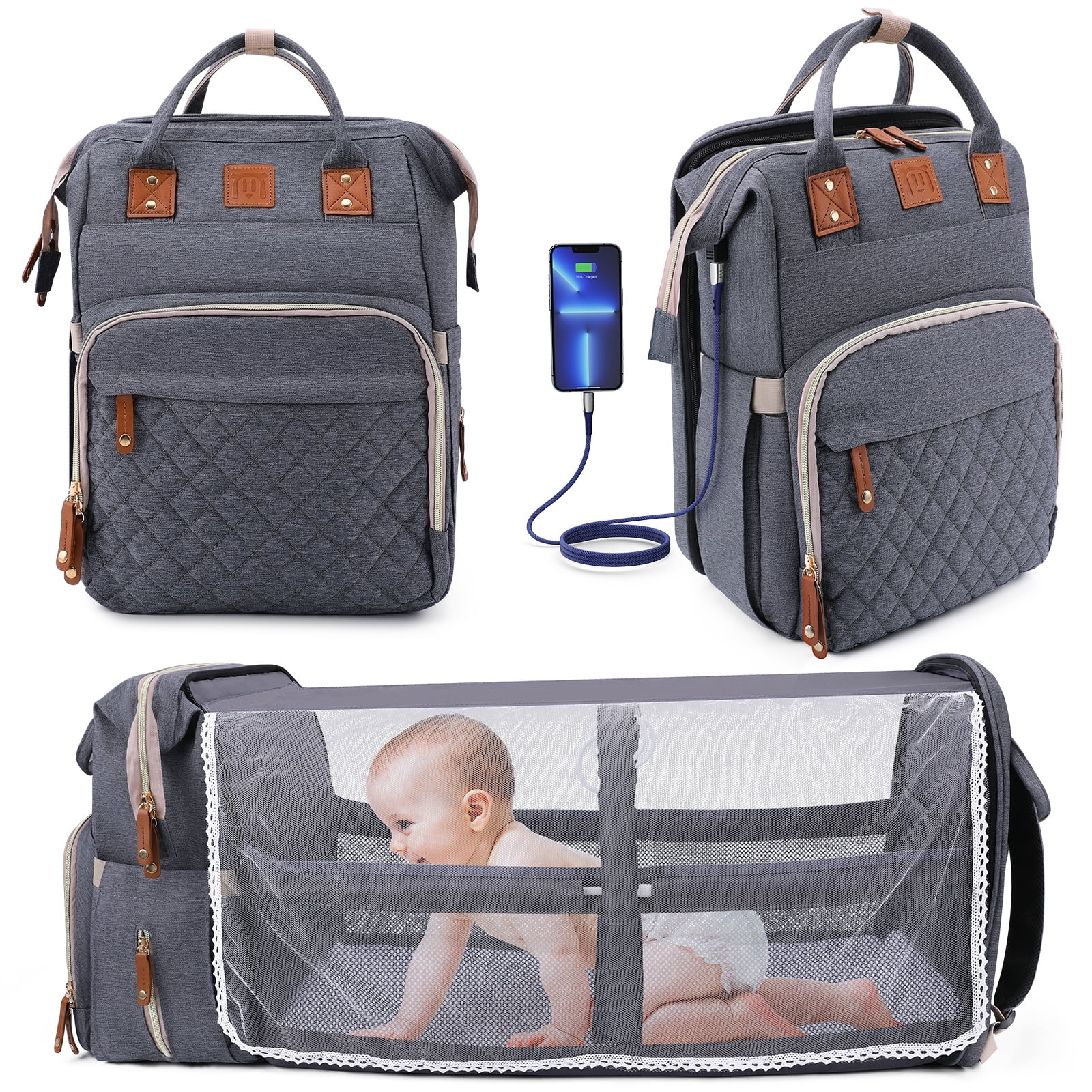 Welltop Diaper Bag Backpack, Diaper Bag with Changing Station, 3 in 1