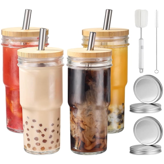 4 Pcs 24 oz Glass Cups With Bamboo Lids and Straws & 4 Airtight Lids, Reusable Smoothie Cups Mason Jar Drinking Glasses Iced Coffee Cups Glass Tumbler for Bubble Tea, Juice, Gift