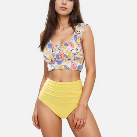 Swim Women s Ruffle Bikini Top with Ruched Bust Detail and High Waist Leaf Print Bottom Swimsuit Set - Small  Yellow