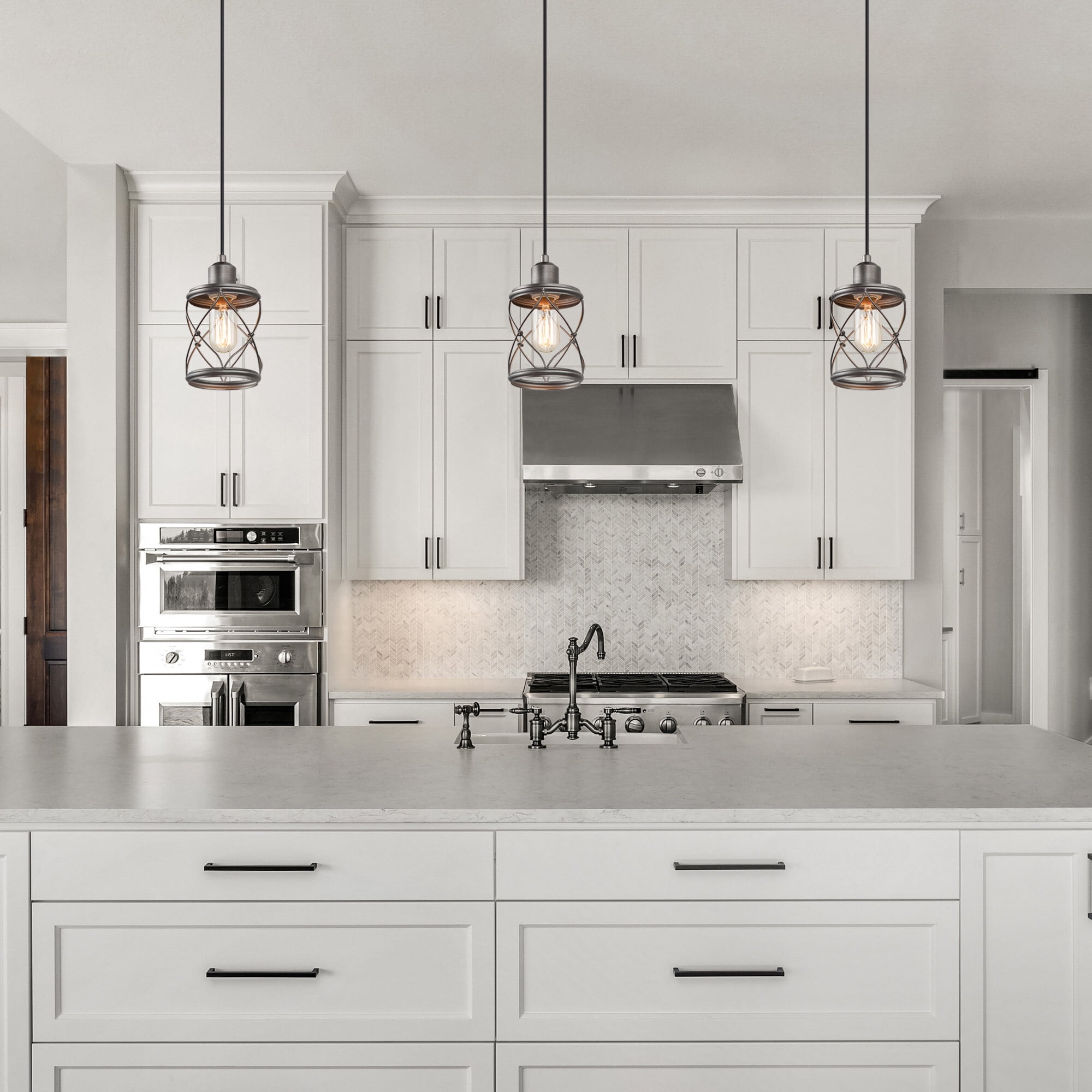LNC 1-Light Brushed Gray Drum Cage Mini Pendant for Kitchen Island or Dining