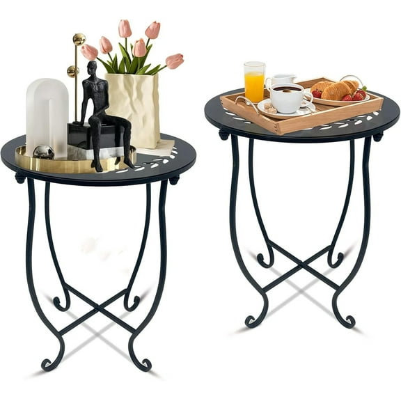 Round Side Table Set of 2, Metal Patio Side Tables End Tables, Weather Resistant Round Coffee Table Bedside Table Nightstand for Home Garden Office, 14 Inch Outdoor Side Table for Patio Balcony Yard