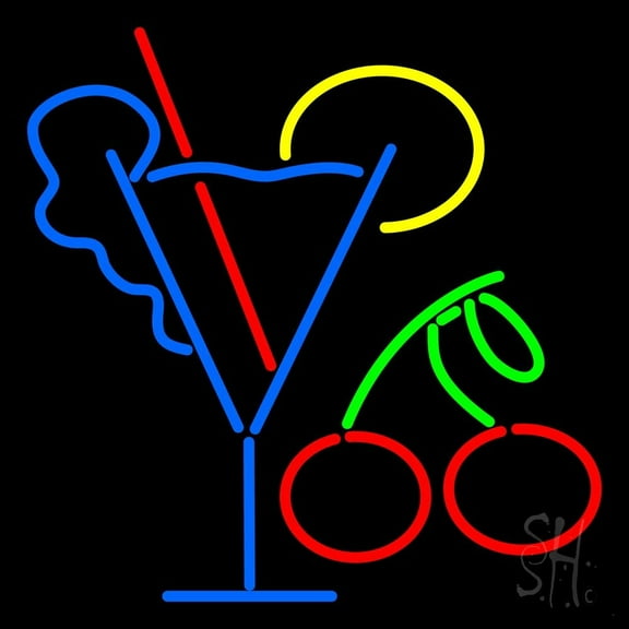 Cocktail Glass with Cherries LED Neon Sign 16 x 16 - inches, Clear Edge Cut Acrylic Backing, with Dimmer - Bright and Premium built indoor LED Neon Sign for Bar decor.