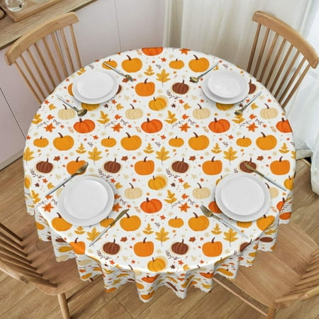 

Round Tablecloth Pumpkin Leaf Fall Thanksgiving 60 Inch Table Cover for Dining Polyester Cloth with Scalloped Edges Stain Resistance Kitchen Picnic Party Restaurant Decoration