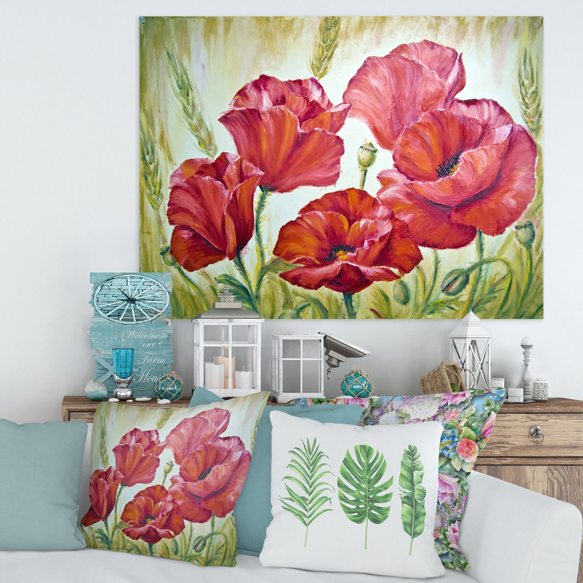 Designart ' Blossoming Red Poppies In The Morning ' Traditional Canvas Wall Art Print