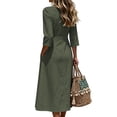 thumbnail image 5 of CHGBMOK Cotton Linen Dresses for Women 3/4 Sleeve V Neck Button Down Dress Cinched Waist Flared Fall Maxi Dress, 5 of 7