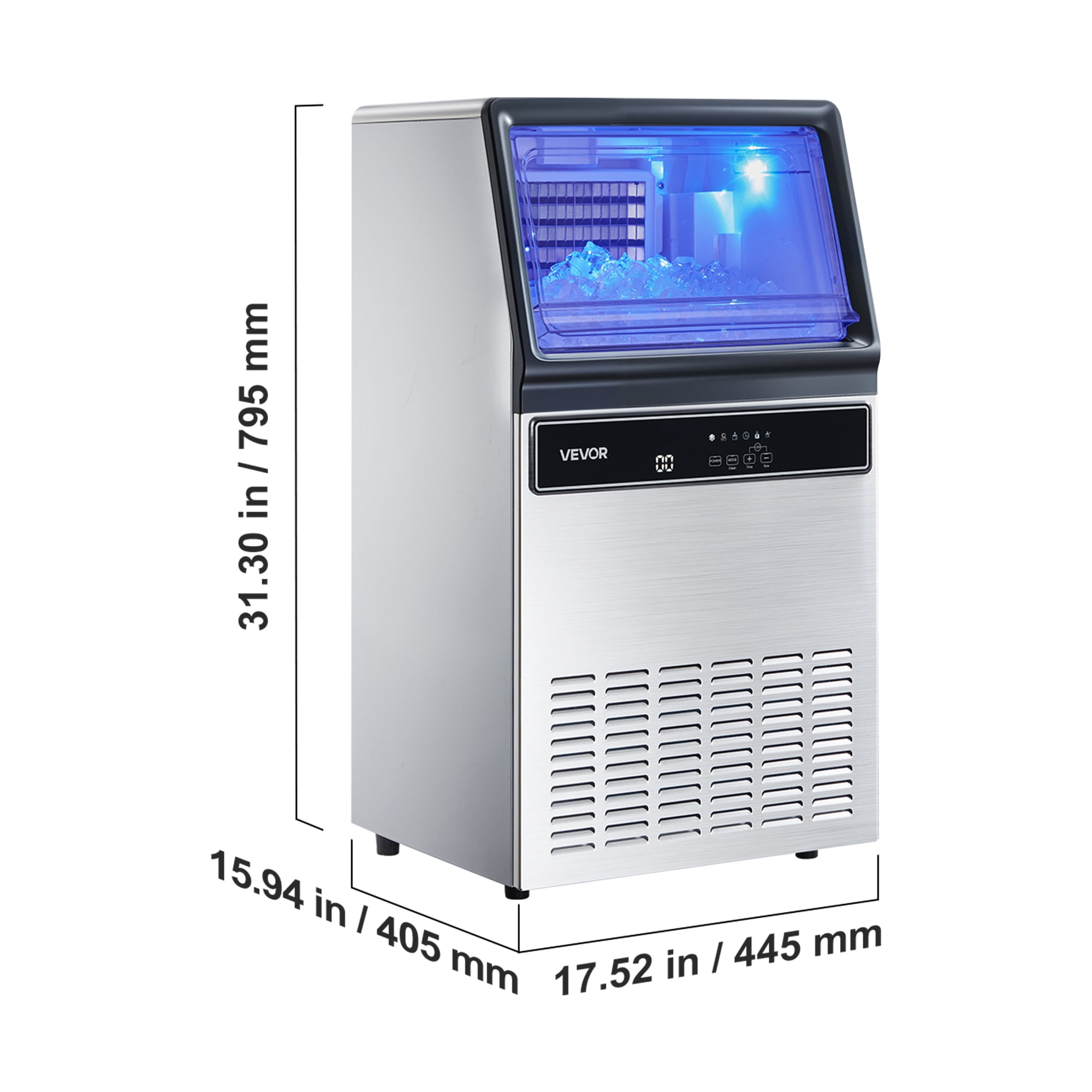 VEVOR Commercial Ice Maker Machine with Pump, 130Lbs/24H with 33Lbs Storage, 45 Cubes per Cycle, Freestanding & Under Counter Ice Maker with LED Display & Self-Cleaning, for Home Bar Restaurant