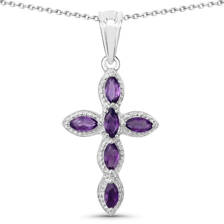 Fine Color Jewels Amethyst Cross Pendant Necklace for Women, 925 Sterling Silver, Rhodium Plated, Marquise Cut, February Birthstone