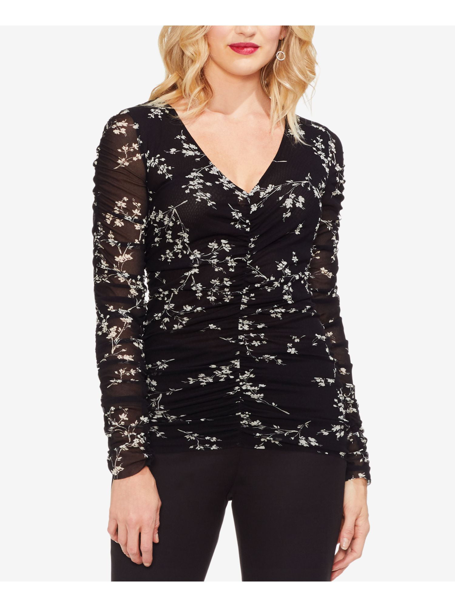 Vince Camuto - VINCE CAMUTO Womens Black Floral Long Sleeve V Neck Top
