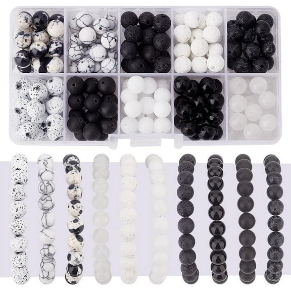 1 Box 180pcs 8mm Gemstone Beads Black White Stone Beads 10 Styles Marble Beads Lava Rock Beads Jade Beads Turquoise Beads Loose Beads for Bracelet Necklace Jewelry Making
