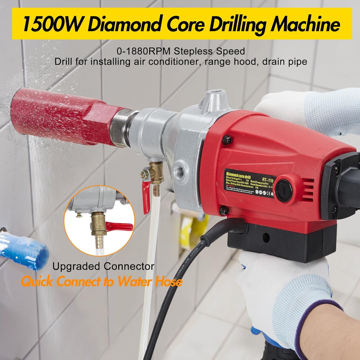 Telyswee 1500W Handheld Diamond Core Drilling Machine, 2-Speed Concrete Core Drill Rig (1100RPM/2400RPM), 1-1/4" Thread Power Drill for Brick, Concrete, Block, and Stone