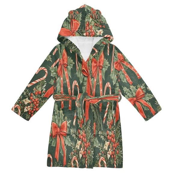 FORMRS Niños Bathrobe Unisex Hooded Robe Soft Plush Pajamas Sleepwear, Size 2-3T, Christmas Holly Bows