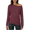 thumbnail image 4 of ClodeEU Women's Asymmetric Shoulder Pleated Long-Sleeve Slim Fit Tshirt ,Boat Neck Off Shoulder Blouse Tops Wine,Womens Plus L, 4 of 7